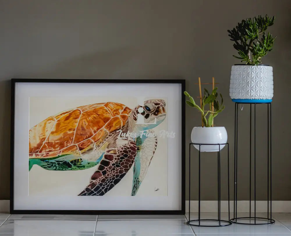Oceanic hues meet ancient wisdom: A vibrant portrait captures the mesmerizing grace of a sea turtle, its shell awash in coral colors and its wise eyes reflecting the secrets of the deep.