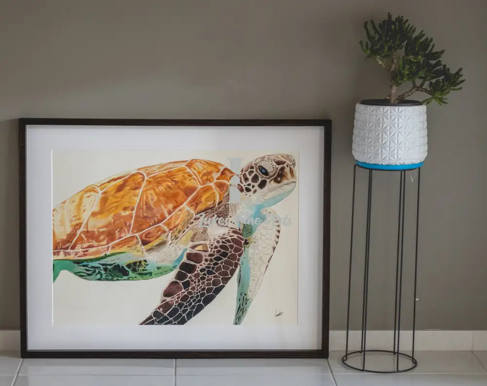 An underwater masterpiece: A splash of colors brings to life the gentle majesty of a sea turtle, its mosaic shell a testament to life's resilience and its serene smile a window into a world of underwater peace.