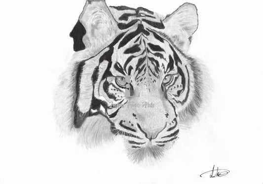 Symphony in shades of grey: A masterclass in graphite, this tiger print showcases the artist's meticulous attention to detail, capturing the texture of fur and the intensity of its gaze. (tiger print, realistic art, detailed drawing)